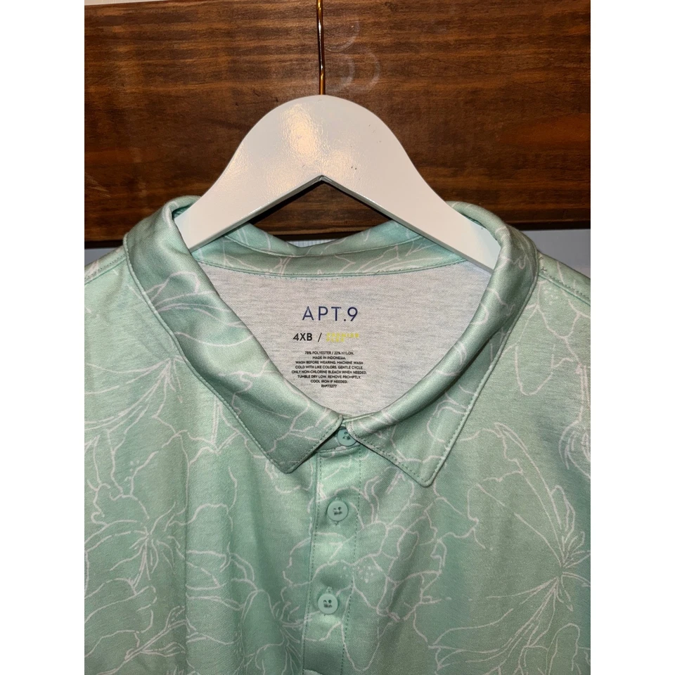 Camisa polo de manga corta con estampado floral verde APT 9 para hombre 4XB tela elástica nueva con etiquetas Foto 2 de 4