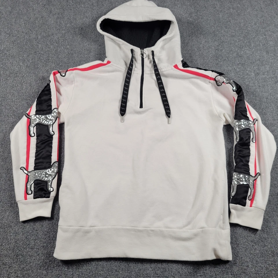 PINK Victoria's Secret Hoodie Womens XS White Sherpa Lined 1/4 Zip Sequin Dog - Image 2 of 4