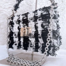 Furla 1927 Chain Shoulder Bag Faux Leather Black Used Authentic