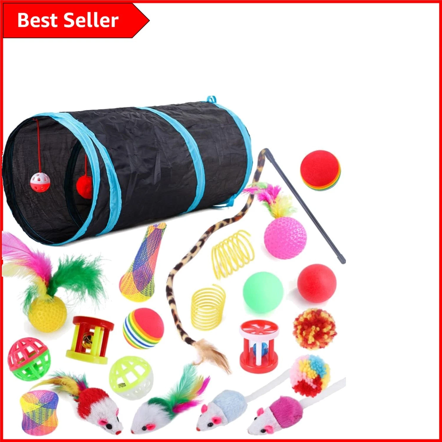 Complete 22-Pc Cat Toy Collection with Collapsible Tunnel & Fun Accessories