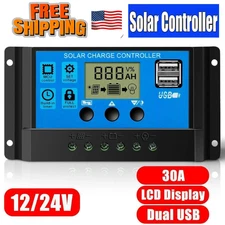 30A Solar Panel Battery Charge Controller 12V/24V LCD Regulator Auto Dual USB US