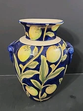 VTG ITALIAN MAJOLICA COBALT BLUE LEMONS OLIVES HANDPAINTED VASE PORCELAIN POT