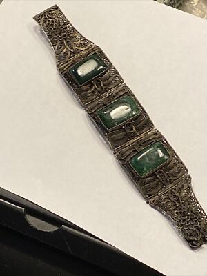 ANTIQUE EXPORT MARKED CHINA CABOCHON JADE STONES PANEL HINGE  BRACELET