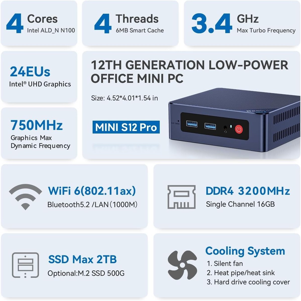 Mini PC, Mini S12 Pro Intel 12th N100Up to 3.4GHz, 16GB 500GB M.2