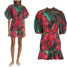 FARM Rio Midnight Leaves Smocked Puff Sleeve Dress size M