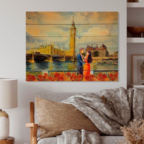 Designart 'Romantic Couple In Love In London' French Country Wood Wall