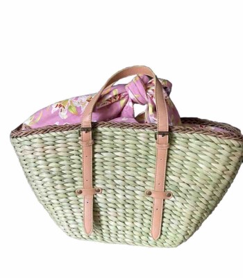 Maggi B Shopper Tote Bag Green Bag Seagrass Pink Floral Lining Leather Strap