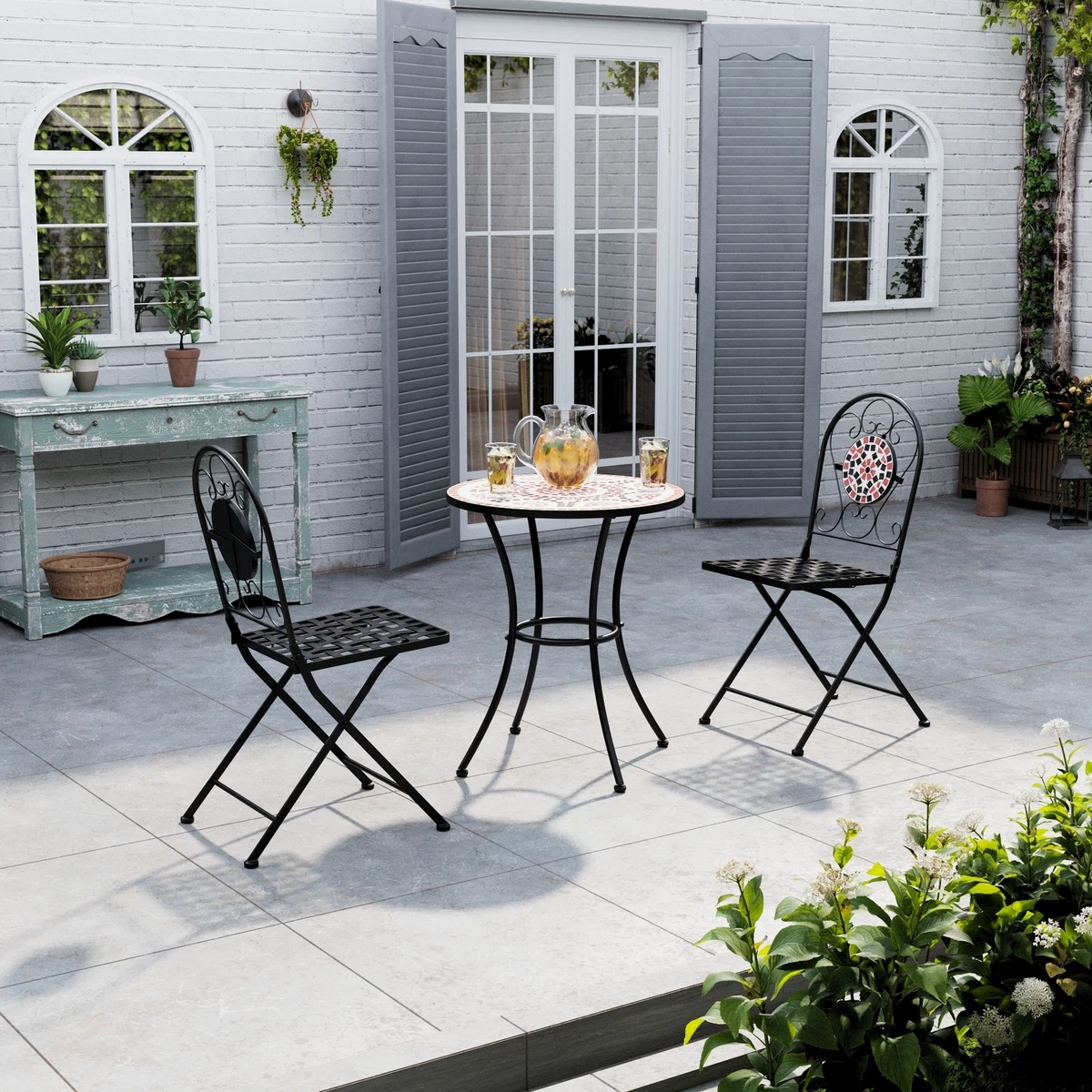 Garden Bistro Set Folding Chairs Table Mosaic Tabletop Furniture Outdoor Patio
