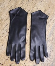 Vintage Size M Faux Leather Stretch 11" Formal Black Gloves Bow Accent Japan