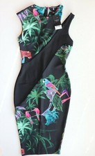 NEXT BLACK FLORAL TROPICAL BODYCON PARTY EVENING MIDI DRESS WOMEN UK6
