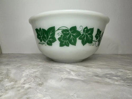 Vintage Hazel Atlas Green Ivy Leaves on White Milk Glass Mixing Bowl 1950s