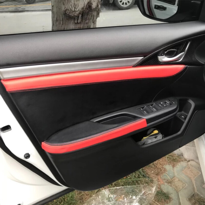 4*Black+Red Splice Leather Door Panel Armrest Lid Cover for Honda