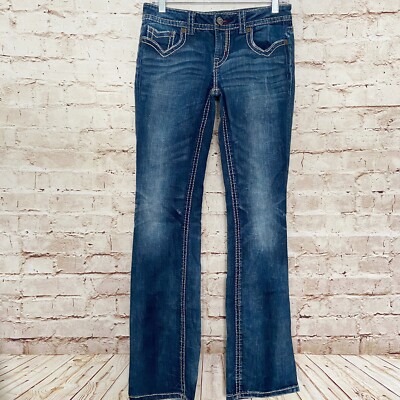 Mek Womens Tata Slim Bootcut Jeans Stitch Embroidered Size 28 Dark Wash