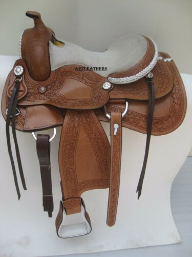 Designer carved Brown Western Leather Barrel racing saddle with White Suad Seat