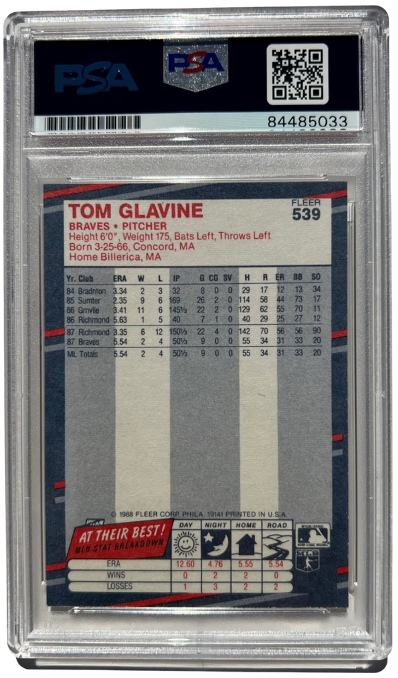 TOM GLAVINE SIGNED 1988 FLEER #539 BRAVES ROOKIE CARD RC AUTO 10 PSA/DNA - Image 2 of 2