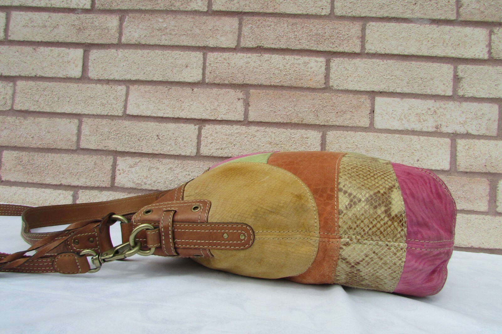 Fossil Brown Leather Trim Multi Patchwork Large C… - image 6