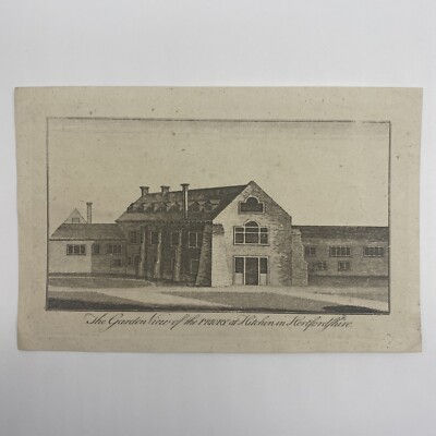 Antique Late 1700s Garden View Of The Priory At Hitchin Hertfordshire Engraving