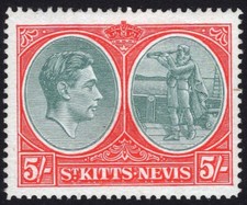 ST KITTS & NEVIS-1945 5/- Bluish Grn & Scrlet Perf 14 (Ordinary Paper) Sg 77b MM