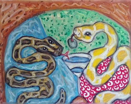 BURMESISCHER PYTHON Drinking a Martini 8,5 x 11 Reptil Kunstdruck Schlangen Künstler KSams - Bild 1 von 2