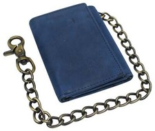 Blue Men's Leather Biker Trifold Wallet Long Chain Trucker Motorcyclist