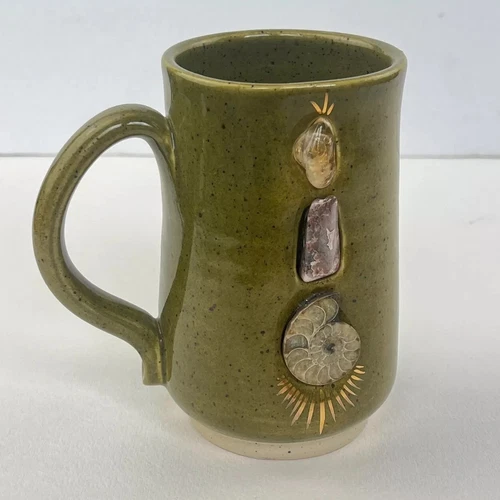 Chloe Treu Studio Pottery Mug Amethyst Ammonite Fossil Citrine Artisan Handmade
