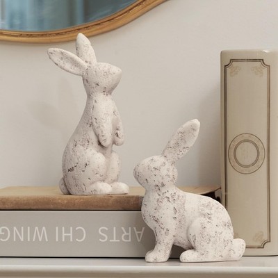 DN DECONATION Easter Bunny Decorations Set of 2, Beige Resin Rabbit Statues, Hom