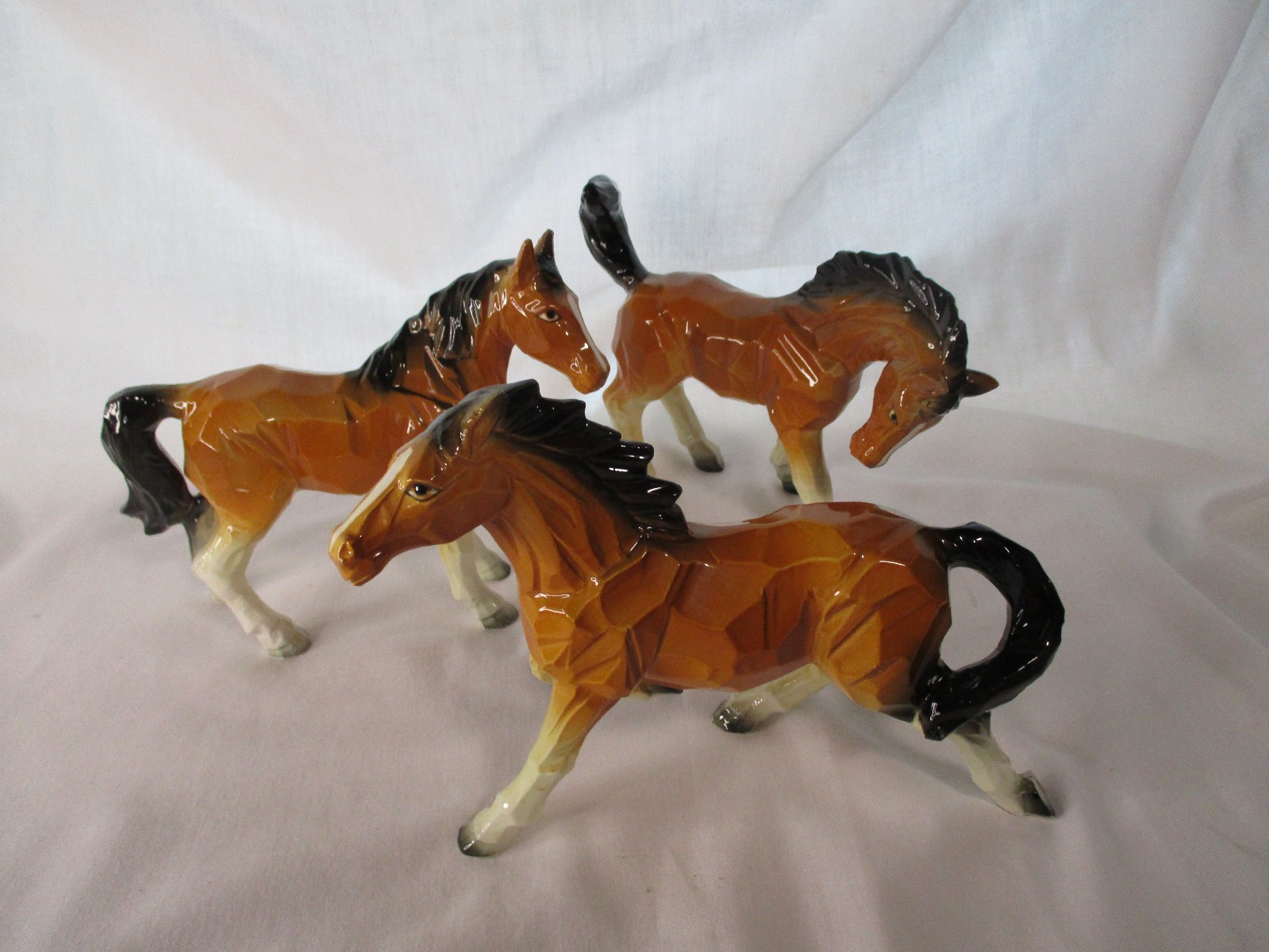 3 Vintage Enesco Chiseled Cubit Style Porcelain Horse Figurines