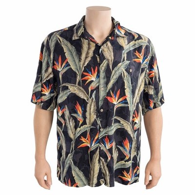 Campia Moda Hawaiian Aloha Shirt XL Floral Bird Of Paradise Flowers Black