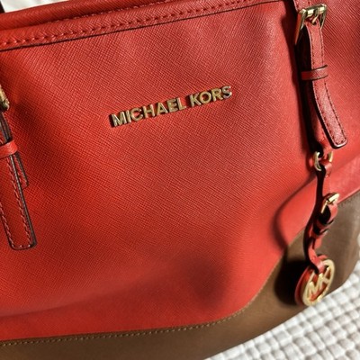 Michael Kors Jet Set Travel Colorblock Heritage Tote   Red/Brown Gold Hardware 