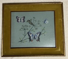Vintage Butterfly Needlepoint Framed Art 1970s Botanical Caterpillar