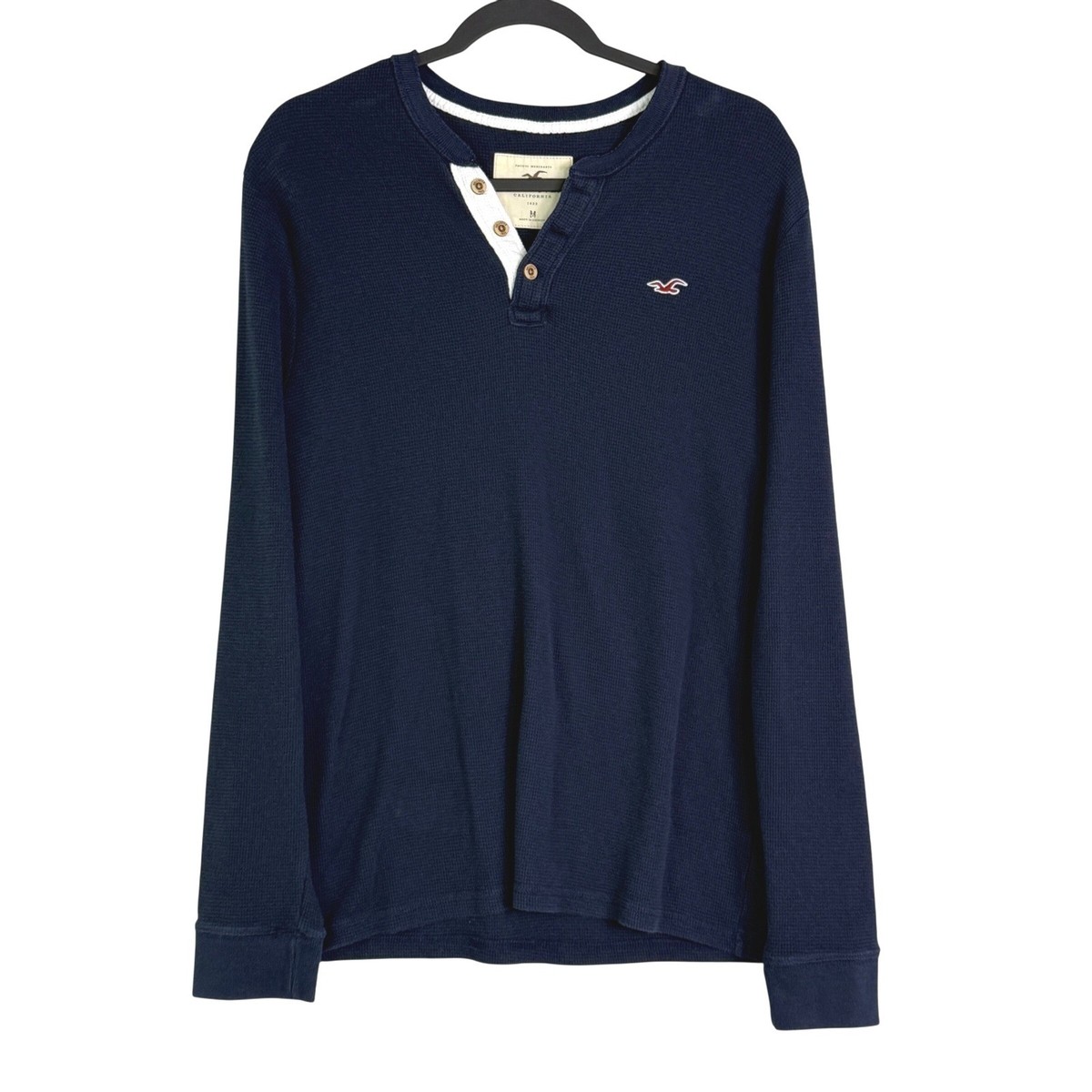 Y2K Hollister Mens Long Sleeve Thermal Henley Shirt Navy Sz M 