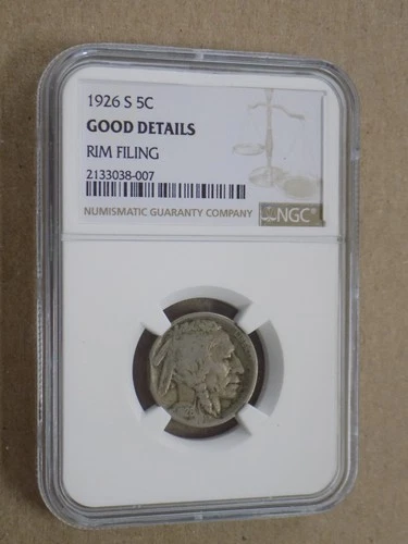 1926 S 5C Buffalo Nickel NGC Good Details - Rim Filing