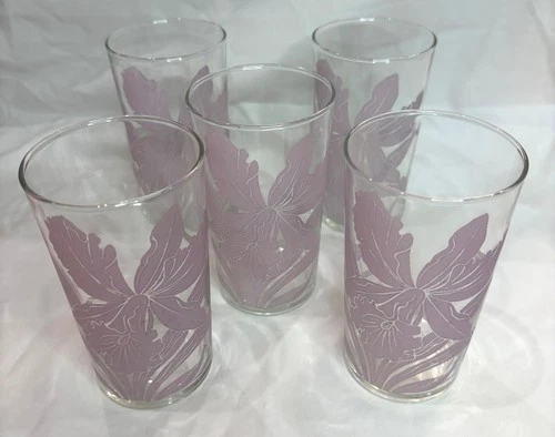 Rare Vintage Federal Glass Floral Highball Tumblers set of 5