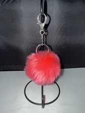 Red Purse Charm Keychain Key Fob Fluffy Plush Ball Key Ring Pom-Pom