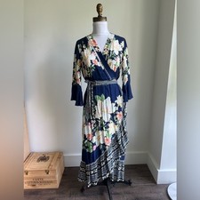 Farm Rio Anthropologie Midnight Flower Wrap Dress Blue Floral Cottage Small