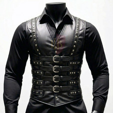 Mens Corset Vest Real Leather Steel Boned Steampunk Gothic Business Waistcoat US