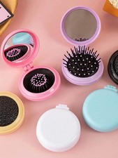 Small Round Folding Detangle Hair Beard Brush Pocket Mirror Portable Travel Size