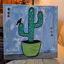 Potted Cactus -Bird and Flowers- Original Acrylic Painting On Canvas 12"x12".