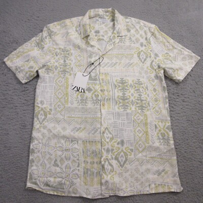 Zara Mens Linen Blend Hawaiian Shirt size M Camp Collar Floral Summer Resort NEW