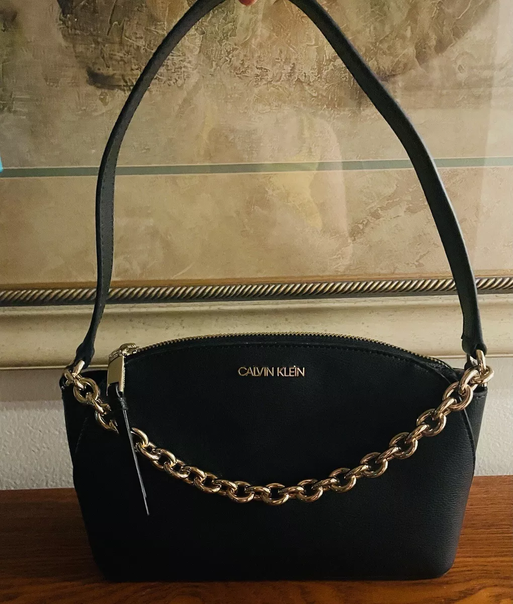 Calvin Klein Hailey Saffiano Black Shoulder Bag With Gold Chain And Strap