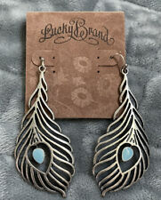 Lucky Brand Antiqued Silver Tone Hippy Peacock Feather Blue Stone Drop Earrings