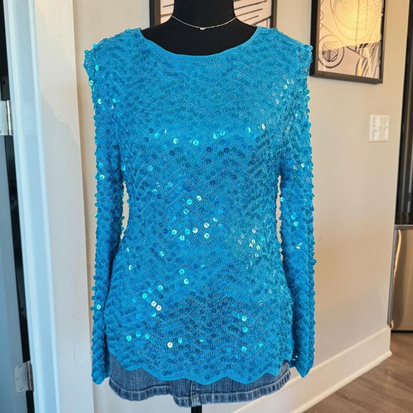 Y2K Sequin Top \ Vintage 90's Aquamarine Sequin Long-Sleeve Blouse