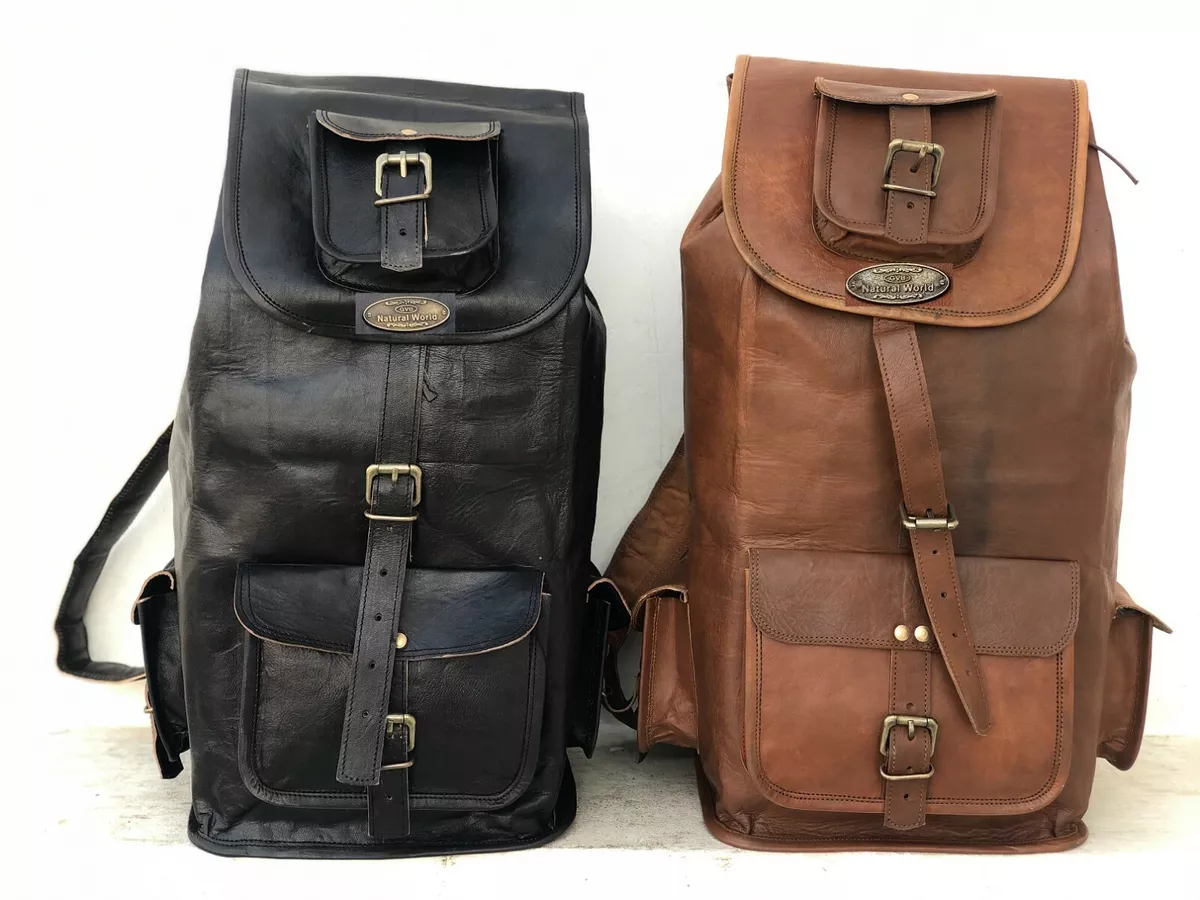 Marrón / Negro Piel de Cabra Mochila Hombre Viaje Portátil Colegio Al