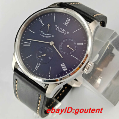 Hot 41mm PARNIS blue dial Classic Power Reserve Indicator