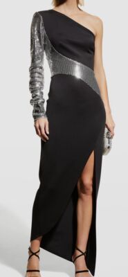 black sequin asymmetrical dress Sequin midi dress with asymmetric voluminous skirt Color: Black RASARIO Online Boutique 38 (FR) / Black