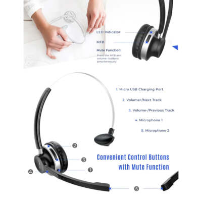 Mpow HC3 Wireless Bluetooth Headset with Dual Noise Cancelling Microphone Clear