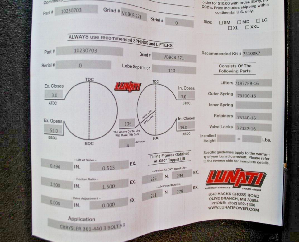 BB MOPAR 10230703LUN LUNATI VOODOO CAM CAMSHAFT & LIFTERS 383 400 440 3