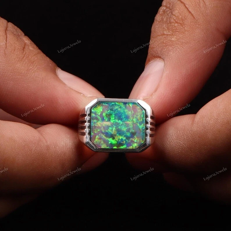 Anillo de ópalo de fuego arco iris de plata de ley 925 anillo para hombre anillo de sello para hombre regalos Foto 2 de 4