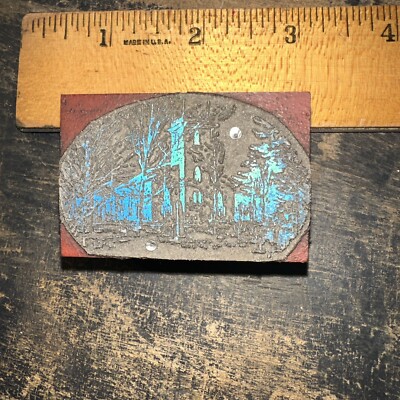 Printing Block Type Cut Town Hall Town Common Early Scene