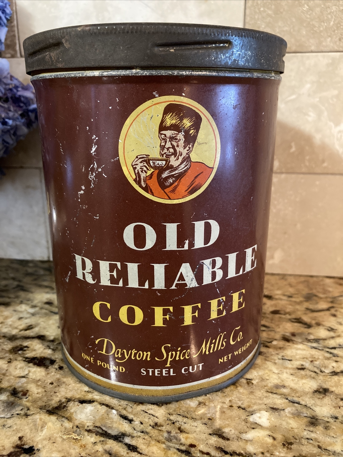 Antique RARE Old Reliable Coffee Tin With Litho label Lid embossed